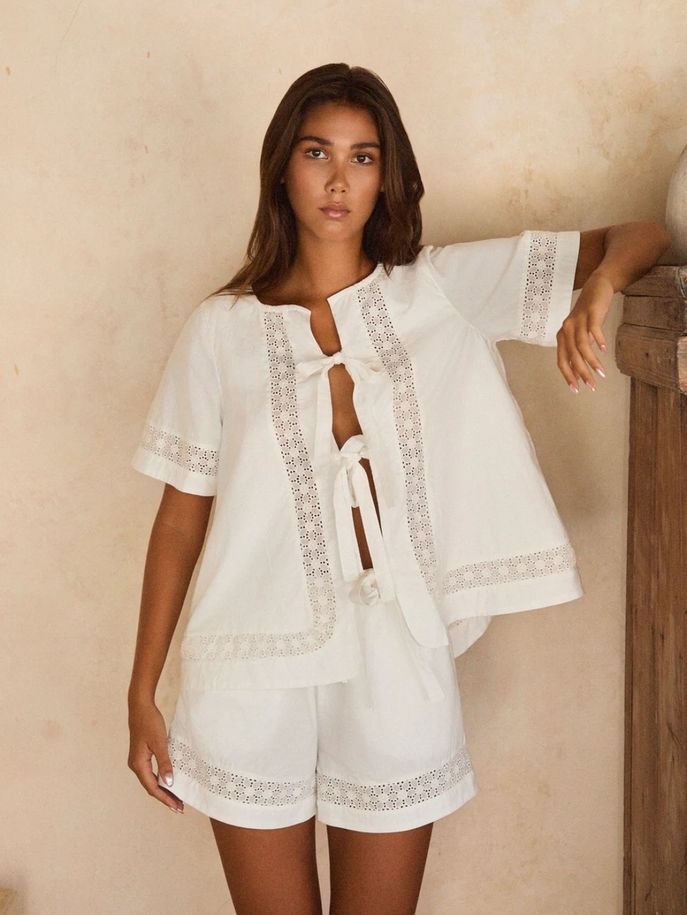 Women’s White Tie-Front Cotton Pajama Set